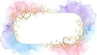 Watercolor frame with golden hearts and floral ornaments on white background. Romantic border design for wedding invitations, greeting cards and decorations.