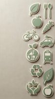 Eco-friendly green sticker set on linen texture featuring leaf, bicycle, electric car, recycle, globe, and food icons for sustainability design.