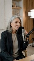 Mature Caucasian businesswoman speaking into professional microphone during podcast recording session in modern studio with warm wooden interior design.