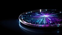 Futuristic digital hologram display with glowing fiber optic light rays and data visualization effects on dark background for technology presentations.
