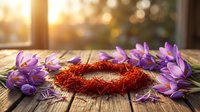 Saffron threads in wooden bowl surrounded by purple crocus flowers on rustic table with warm sunlight streaming through window creating golden bokeh background.