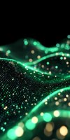 Abstract green wave pattern with glowing particles and bokeh lights on black background, creating dynamic flowing digital art effect for technology designs.