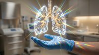 Gloved hand holding holographic lungs with light rays in medical laboratory setting, suitable for healthcare, respiratory disease education, and medical technology presentations.