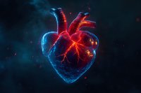 Glowing anatomical heart with red arteries and blue veins illuminated against dark background, medical visualization showing cardiovascular system details.