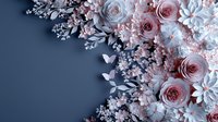 Delicate paper flowers arrangement with pink roses and white succulents on navy blue background, corner composition with butterfly details and floral elements.