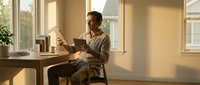 Young professional man reading book in bright modern office space with natural sunlight streaming through large windows creating warm atmosphere.