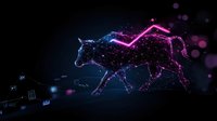 Glowing neon bull silhouette with constellation effect running against dark background, surrounded by digital elements and purple bokeh lights for financial concept.