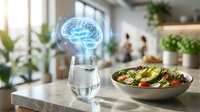 Holographic brain projection emerging from water glass next to healthy salad bowl on kitchen counter representing nutrition and cognitive health benefits.
