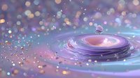 Water drop creating concentric ripples on purple surface with dreamy bokeh background, capturing moment of impact in macro photography.