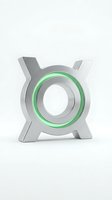 Metallic gear with glowing green ring isolated on white background, suitable for technology, innovation, and industrial design projects.