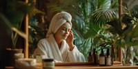 Young woman in white bathrobe and towel turban relaxing at spa with tropical plants, enjoying wellness skincare routine and self-care moment.