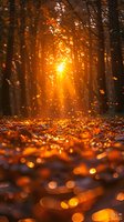 Magical autumn forest at sunset with golden sunburst through trees, falling maple leaves and dreamy bokeh effect on ground, perfect for seasonal nature backgrounds and mood designs.