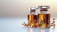 Elegant glass bottles with amber liquid and dried flowers on soft blurred background, luxury aromatherapy and natural cosmetics concept for spa and wellness.