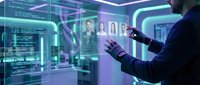 Businessman using futuristic holographic interface with digital profiles and data visualization in modern tech environment for business analytics.