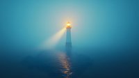 Lighthouse beam piercing through dense fog over calm ocean waters at dusk, creating mystical atmospheric scene with light reflection on water surface.