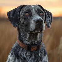 Close-up portrait of attentive black and gray mixed breed dog wearing leather collar against blurred golden sunset background in autumn field.