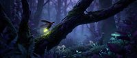 Mystical forest scene with glowing fireflies and magical lights among dark twisted tree branches creating enchanting fairy tale atmosphere for fantasy projects.