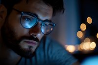 Young bearded man with glasses working late at night on computer, illuminated by blue screen light with bokeh lights in background.