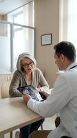 Senior Caucasian woman patient consulting with male doctor using digital tablet in modern medical office discussing healthcare treatment options.