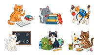 Cartoon cats with school supplies and educational items isolated on white background, ready for children's learning materials, classroom designs, and educational content.