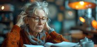 Elderly woman in orange sweater and glasses looking worried while reading documents at home, dramatic lighting creates moody atmosphere.