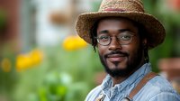 Young African American man in straw hat and denim shirt smiling at camera in garden setting with yellow flowers in background, natural daylight portrait with soft bokeh effect.