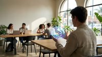 Asian businessman analyzing holographic data visualization during team meeting in modern office conference room with natural lighting.