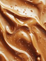 Swirling caramel liquid with tiny bubbles creating abstract waves and patterns in golden brown tones, macro photography showing rich texture and glossy surface.