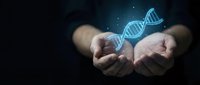 Hands holding glowing DNA double helix structure representing genetic research, biotechnology innovation and medical science advancement in healthcare.