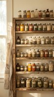 Rustic wooden spice rack with glass jars filled with colorful herbs and spices organized on shelves in warm sunlit kitchen pantry for cooking.