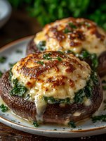 Stuffed portobello mushroom caps filled with creamy spinach and melted cheese mixture, garnished with fresh herbs on rustic ceramic plate for menu or recipe.