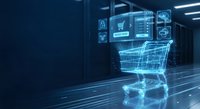 Glowing digital shopping cart with holographic interface in a dark server room, representing futuristic e-commerce and online retail technology.