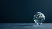 Crystal globe showing Australia and Asia on dark background with dramatic lighting, environmental concept representing global sustainability and climate change awareness.