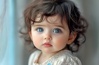 Adorable toddler with bright blue eyes and dark curly hair wearing white lace dress, soft portrait with gentle lighting and blurred background for family photography.