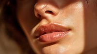 Close-up of glossy coral lips and smooth skin with warm golden lighting, showcasing natural beauty for cosmetic advertising and beauty industry use.
