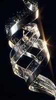 Glowing crystal DNA double helix spiral with sparkling light effects on dark background, for science, genetics, and biotechnology concepts.