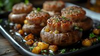Stuffed portobello mushrooms with golden cheese topping and herbs on baking tray, gourmet vegetarian appetizer ready for serving at dinner party.