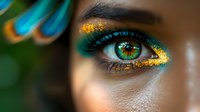 Close-up of green eye with vibrant turquoise and gold glitter makeup, peacock feather elements in background creating magical fantasy beauty look.