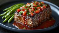 Grilled beef steak topped with fresh diced tomatoes and herbs, served with green asparagus on dark plate for gourmet dining and restaurant menu.