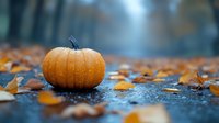 Orange pumpkin on wet pavement surrounded by fallen autumn leaves with shallow depth of field for seasonal harvest and Halloween decorations.