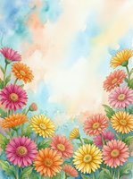 Watercolor gerbera daisies in pink, orange, and yellow frame a soft pastel sky background with copy space for greeting cards.