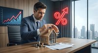 Professional businessman analyzing real estate investment opportunities with house model and financial charts showing growth percentage in modern office.