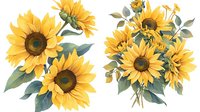 Beautiful watercolor sunflower bouquets with green leaves perfect for wedding invitations, greeting cards, and floral design projects, artistic botanical illustration.