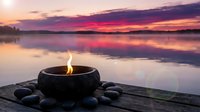 Zen meditation bowl with flame on wooden dock at sunset lake with purple sky reflection creating peaceful spiritual atmosphere for wellness relaxation.