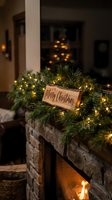 Cozy Christmas fireplace mantel with glowing garland, fairy lights, and a rustic wooden Merry Christmas sign in a warm holiday living room.