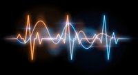 Glowing neon sound wave pulse with orange and blue light effects on dark background for music technology and audio visualization projects.