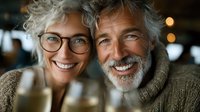 Cheerful mature Caucasian couple with gray hair sharing intimate moment together, woman wearing glasses and man with beard, both dressed in cozy sweaters.