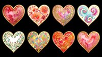 Decorative heart shapes with ornate gold borders and vibrant floral, watercolor, and swirl patterns. Isolated on transparent background, ready for t-shirt designs, stickers, clipart, sublimation, and print-on-demand projects.