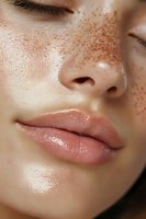 Close-up of young caucasian woman's face with natural freckles, glossy pink lips, and dewy glowing skin showing natural beauty and skincare concept.