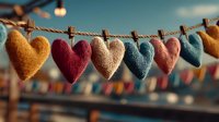 Colorful knitted hearts hanging on rope with clothespins creating romantic decoration for Valentine's Day, love celebration or cozy home decor projects.